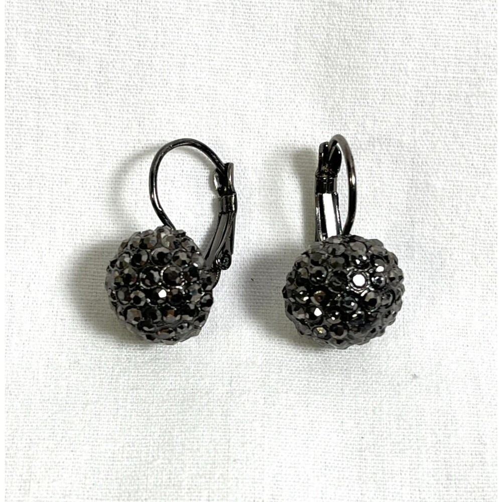 Gunmetal Pave Crystal Ball Dangle Earrings Disco Ball Rhinestone Leverback Drop